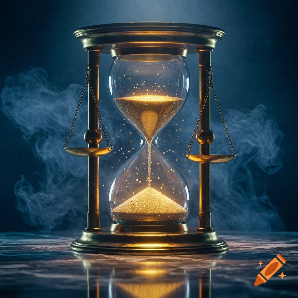 A dramatic, glowing golden hourglass with flowing sand, integrated with scales of justice, against a smoky dark background.