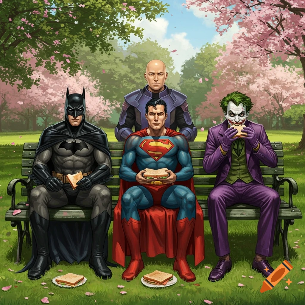 Batman, Superman, Lex Luthor, and Joker sit on a park bench under cherry blossoms, eating sandwiches in comic art style.