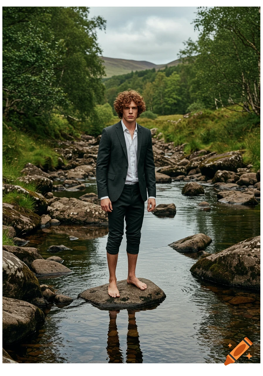 Young man with curly red hair, wearing a suit, standing barefoot on a rock in a river amidst a lush green forest.