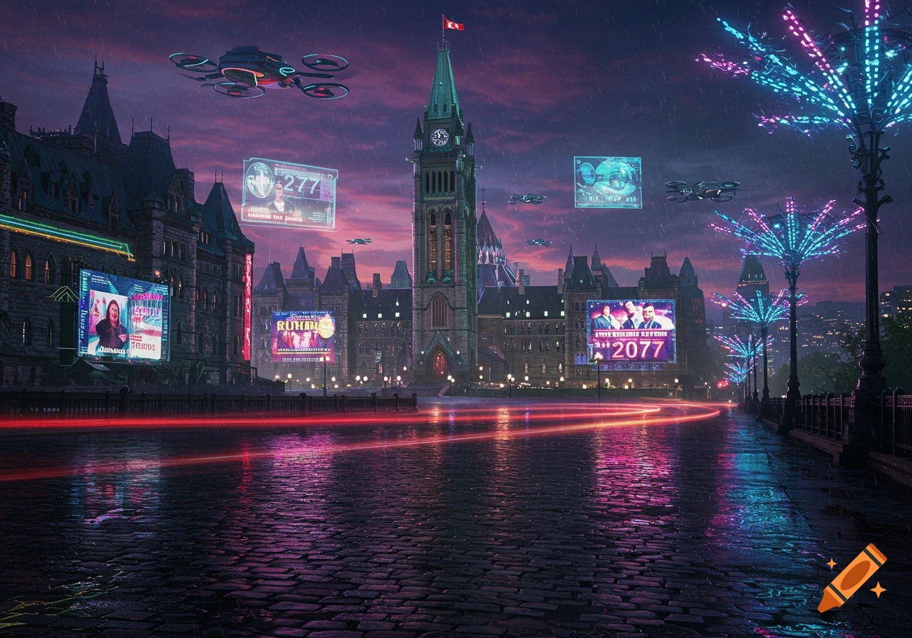 Cyberpunk style Parliament Hill in Ottawa at dusk with neon lights, holographic billboards, flying drones, and red light trails on a wet street.