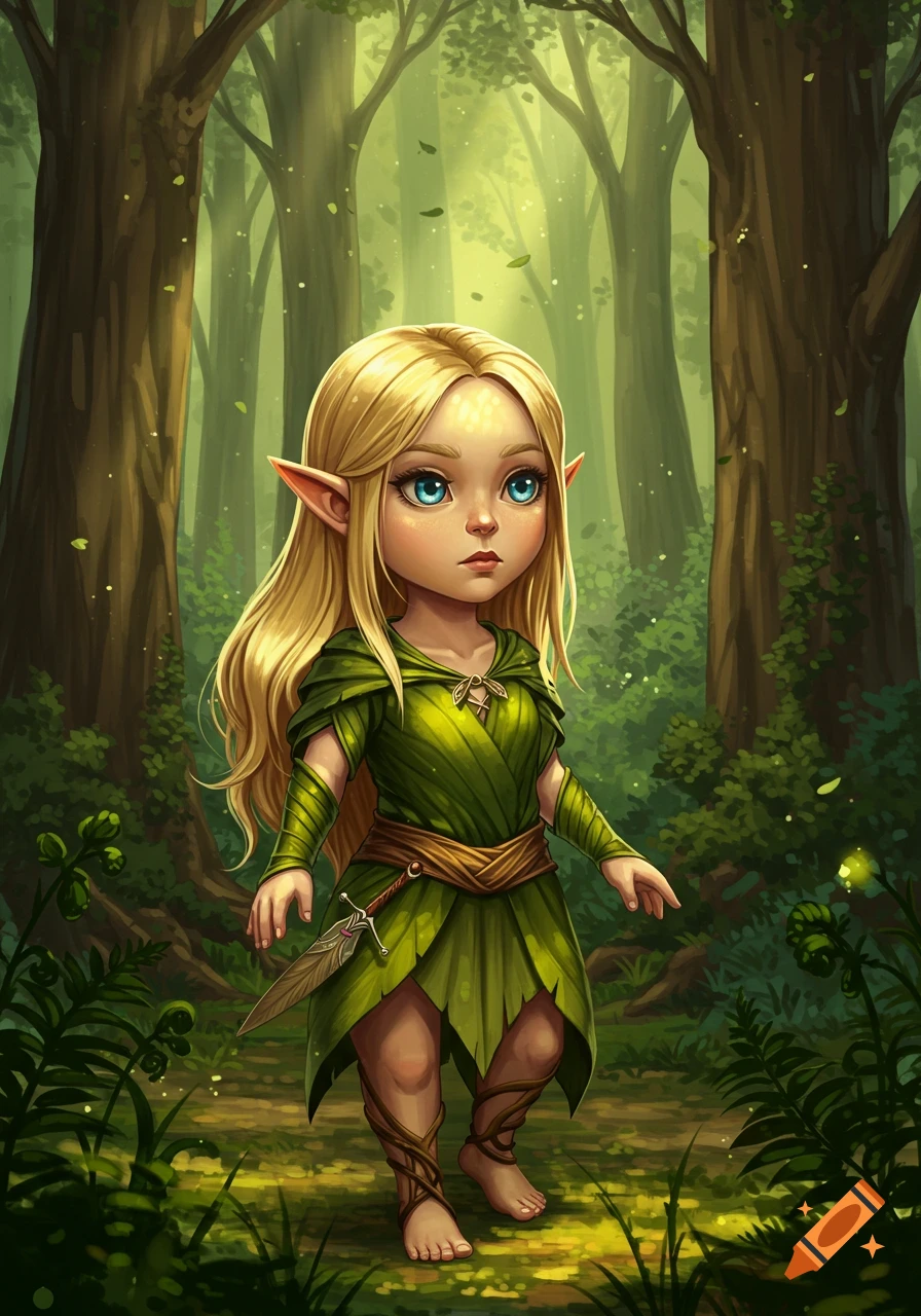 A cute blonde elf girl with pointed ears, wearing a green leaf dress, stands barefoot in a magical forest, digital art.