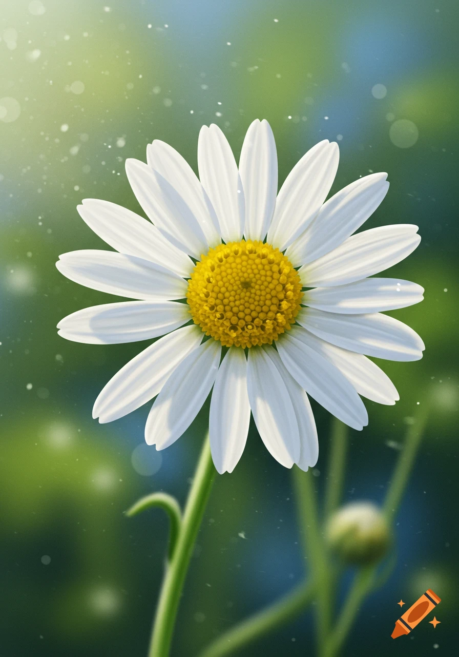 A close-up, photorealistic image of a white daisy with a yellow center, against a soft green and blue bokeh background.