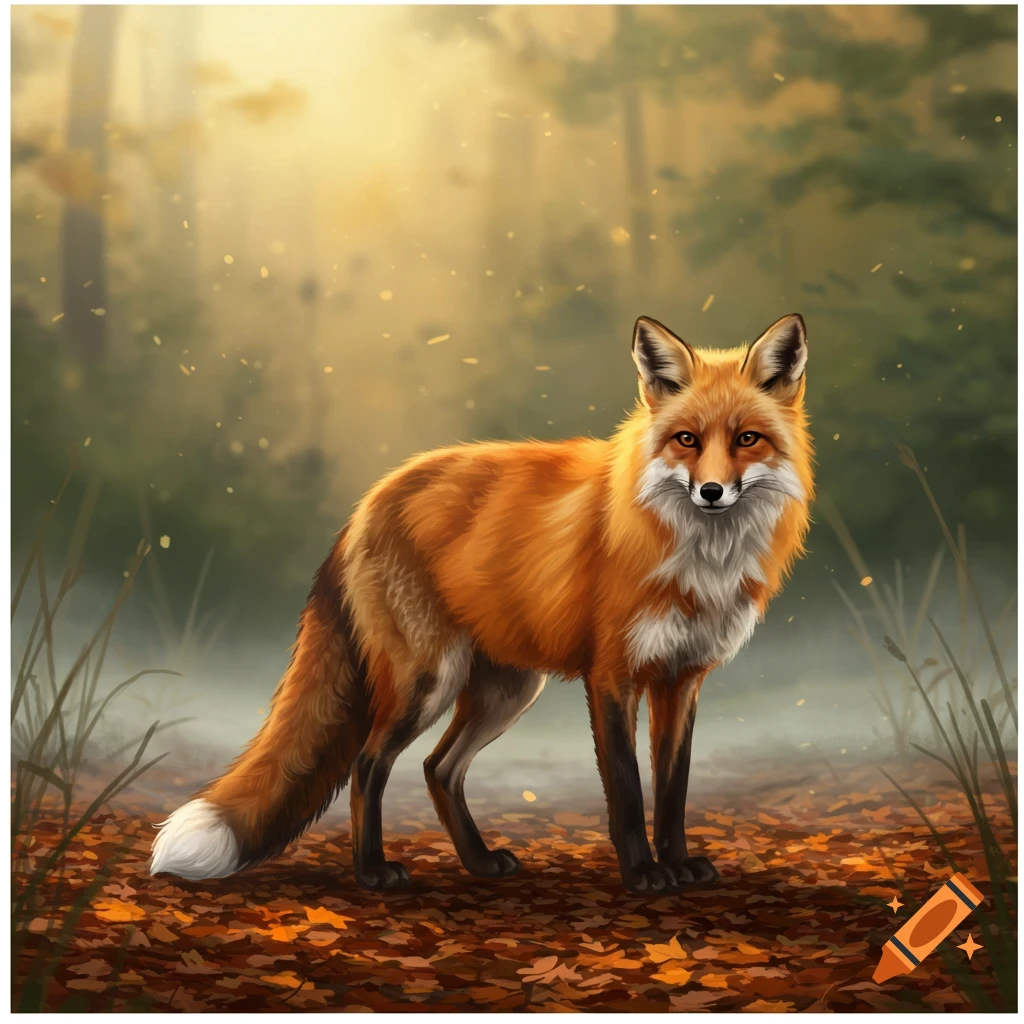 Detailed illustration of a red fox standing amidst fallen autumn leaves in a sunlit forest.