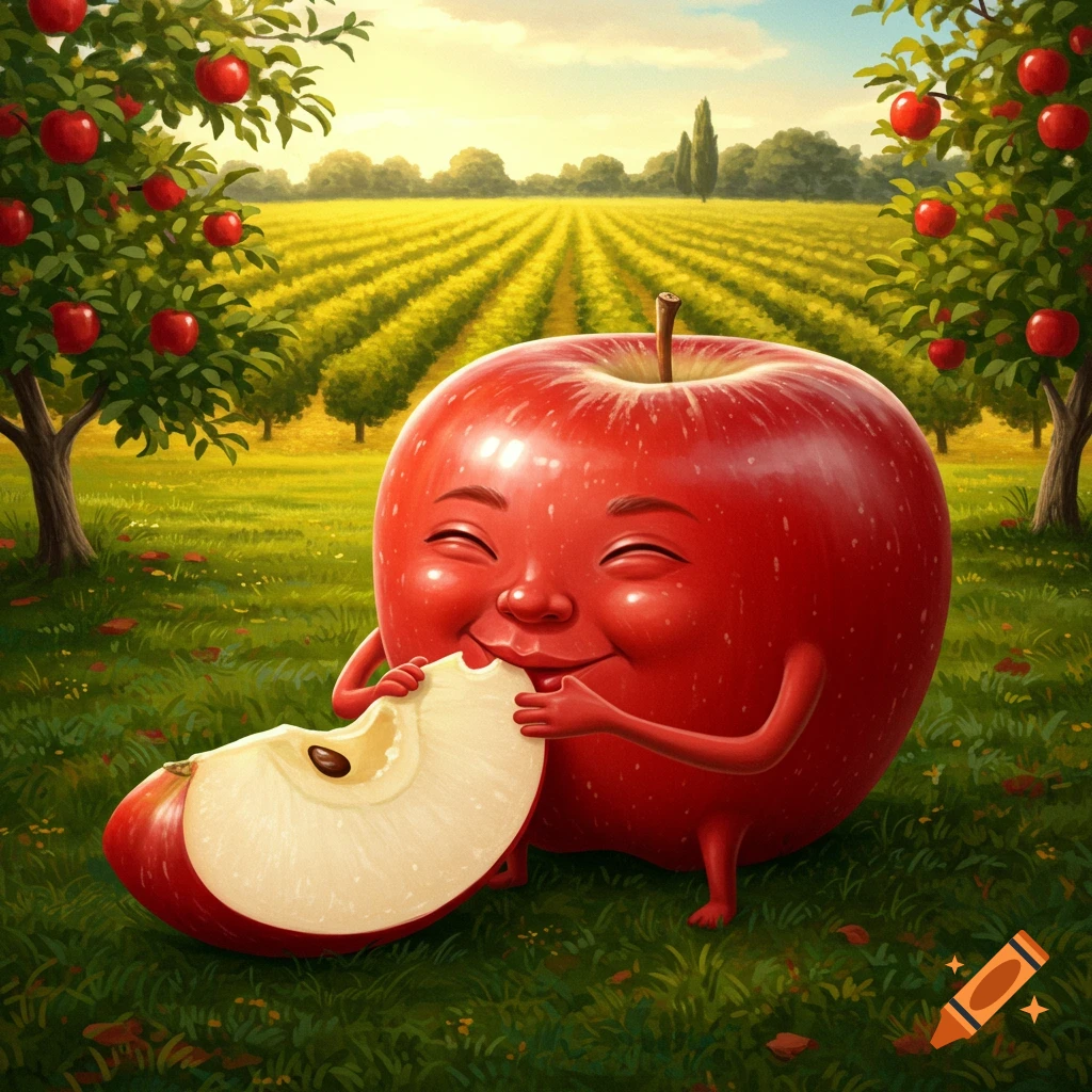 A whimsical, happy red apple with a face, arms, and legs eats a slice of apple in a lush orchard.