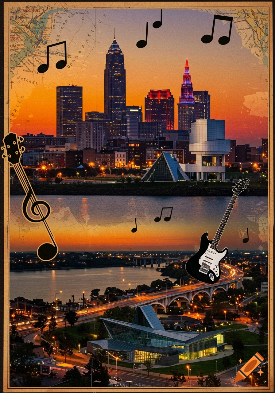 A vintage-style collage featuring the Cleveland skyline at sunset and night, with musical notes, a guitar, and a map background.