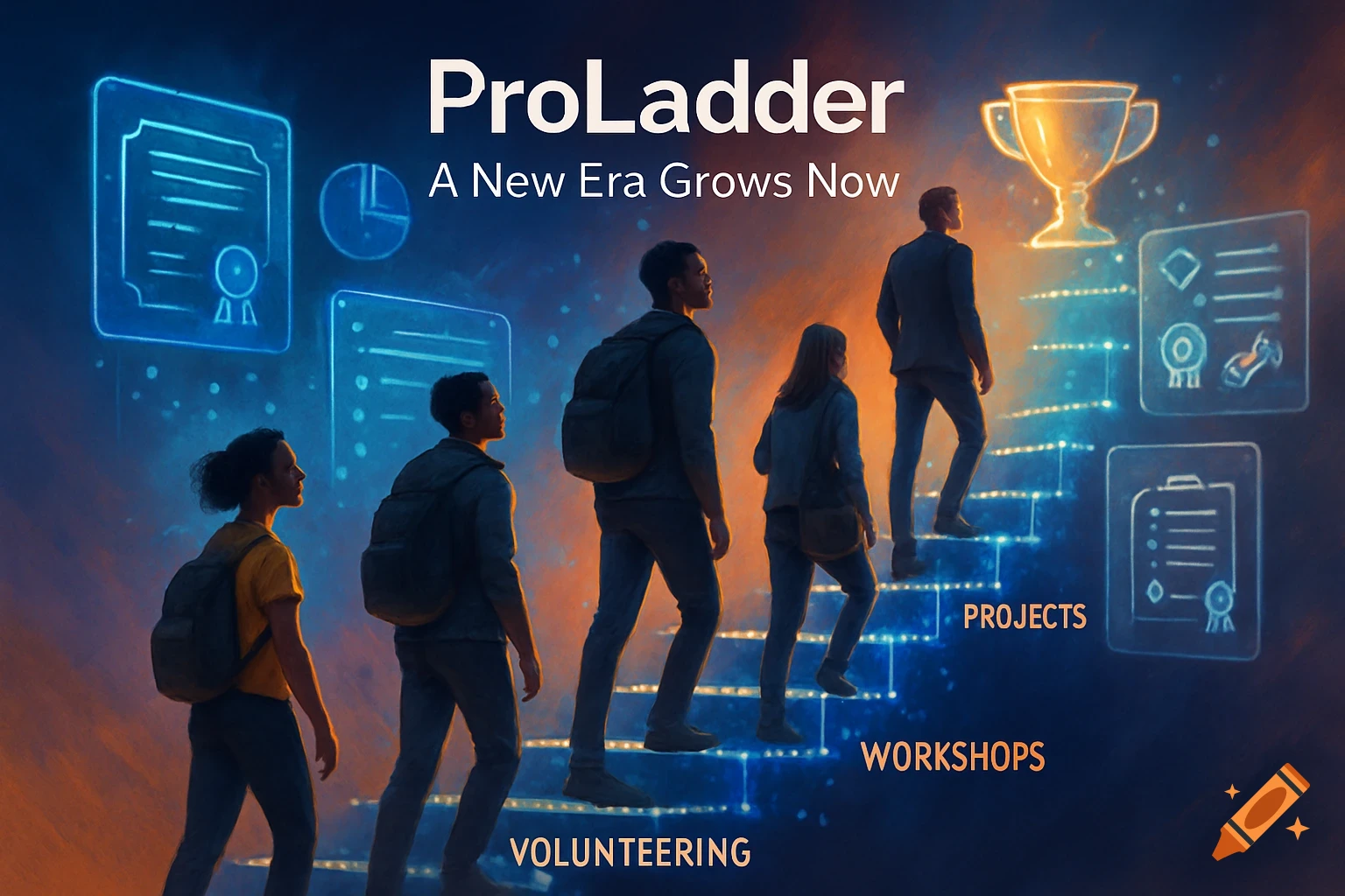 Diverse people ascend a glowing digital staircase towards a trophy, with 'ProLadder' text and icons of achievement.