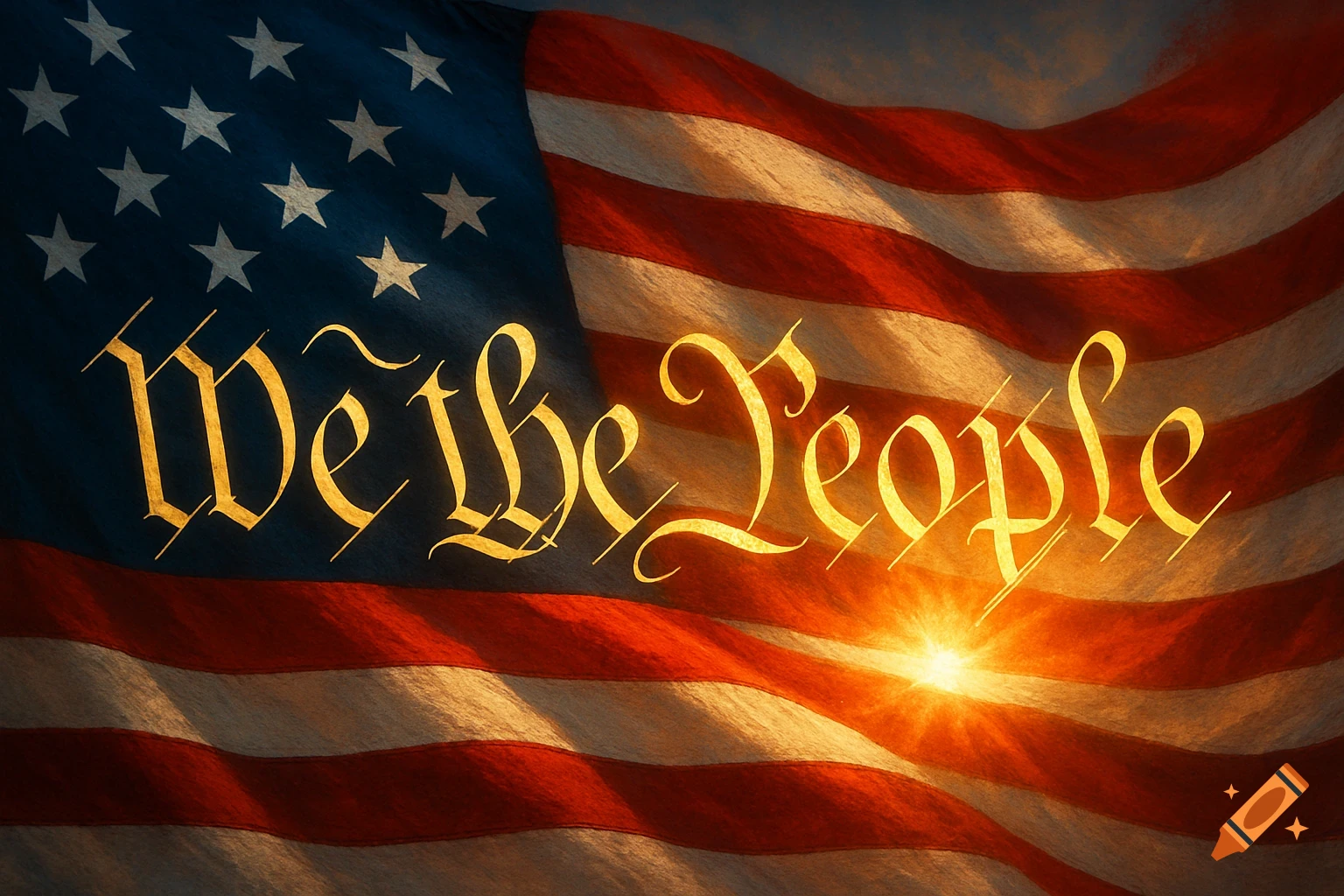 The words 'We the People' in elegant script superimposed on a waving American flag with a bright light shining from behind.