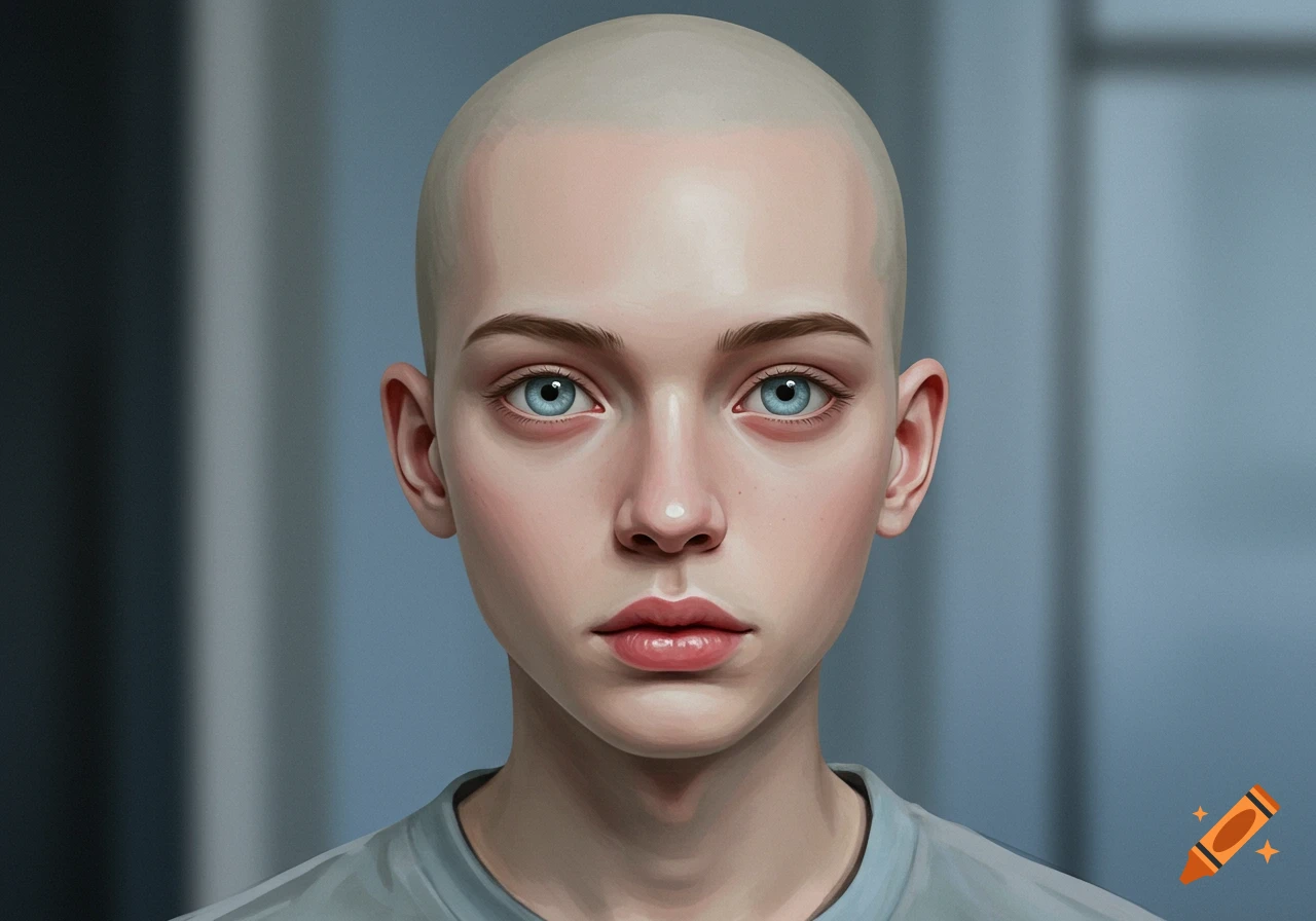 Close-up digital art portrait of a bald, pale person with large blue eyes, looking directly forward.