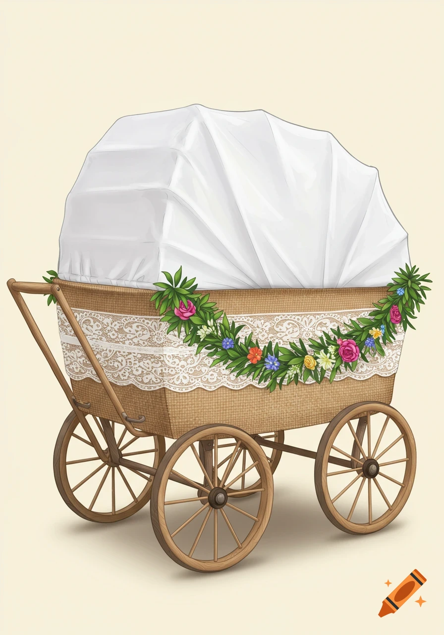 An illustration of a rustic vintage baby wagon with a white canopy, decorated with lace, burlap, and a floral garland.