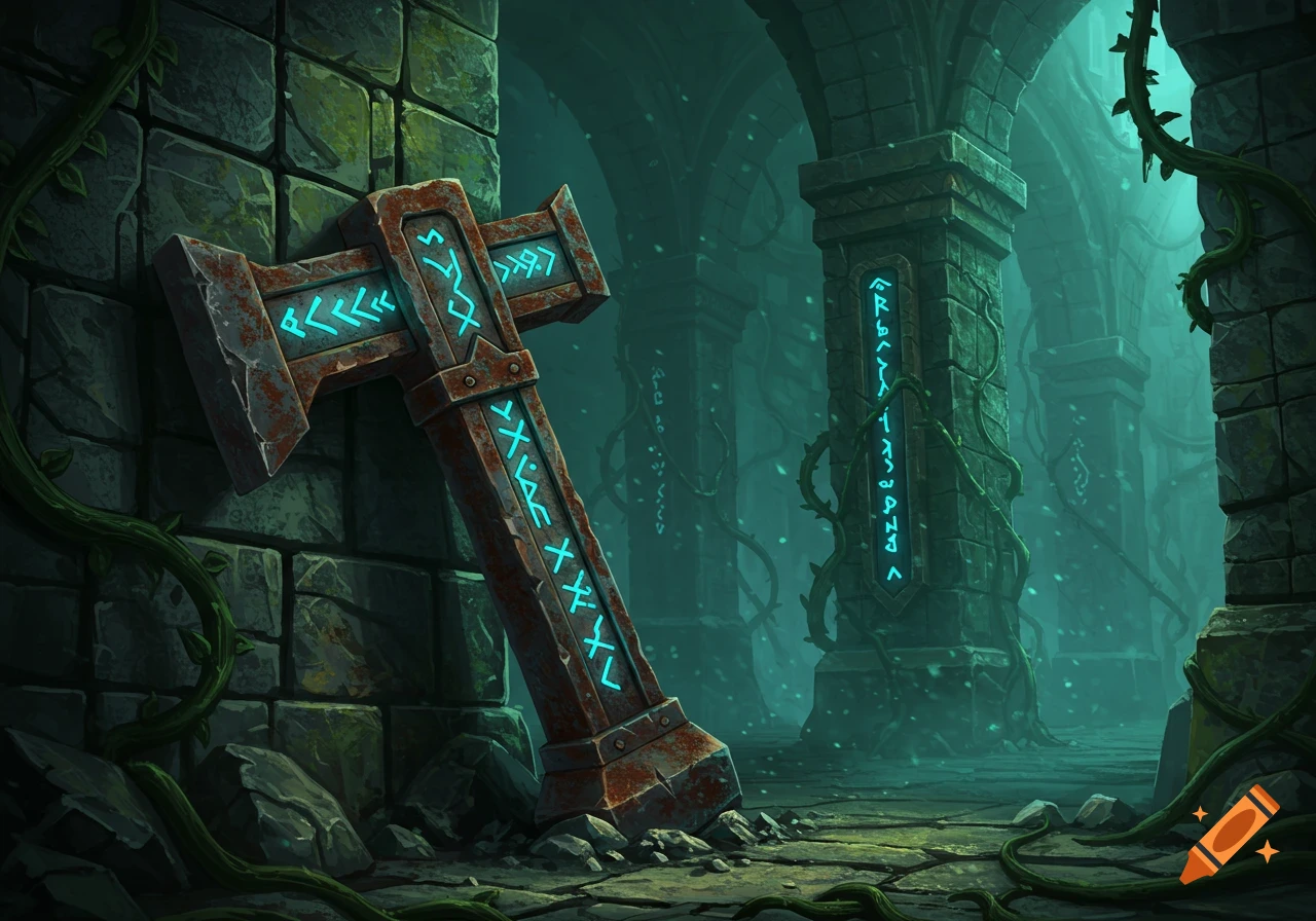 A rusted dwarf pickaxe with glowing blue runes leans against a stone wall in a dark, vine-covered fantasy labyrinth.