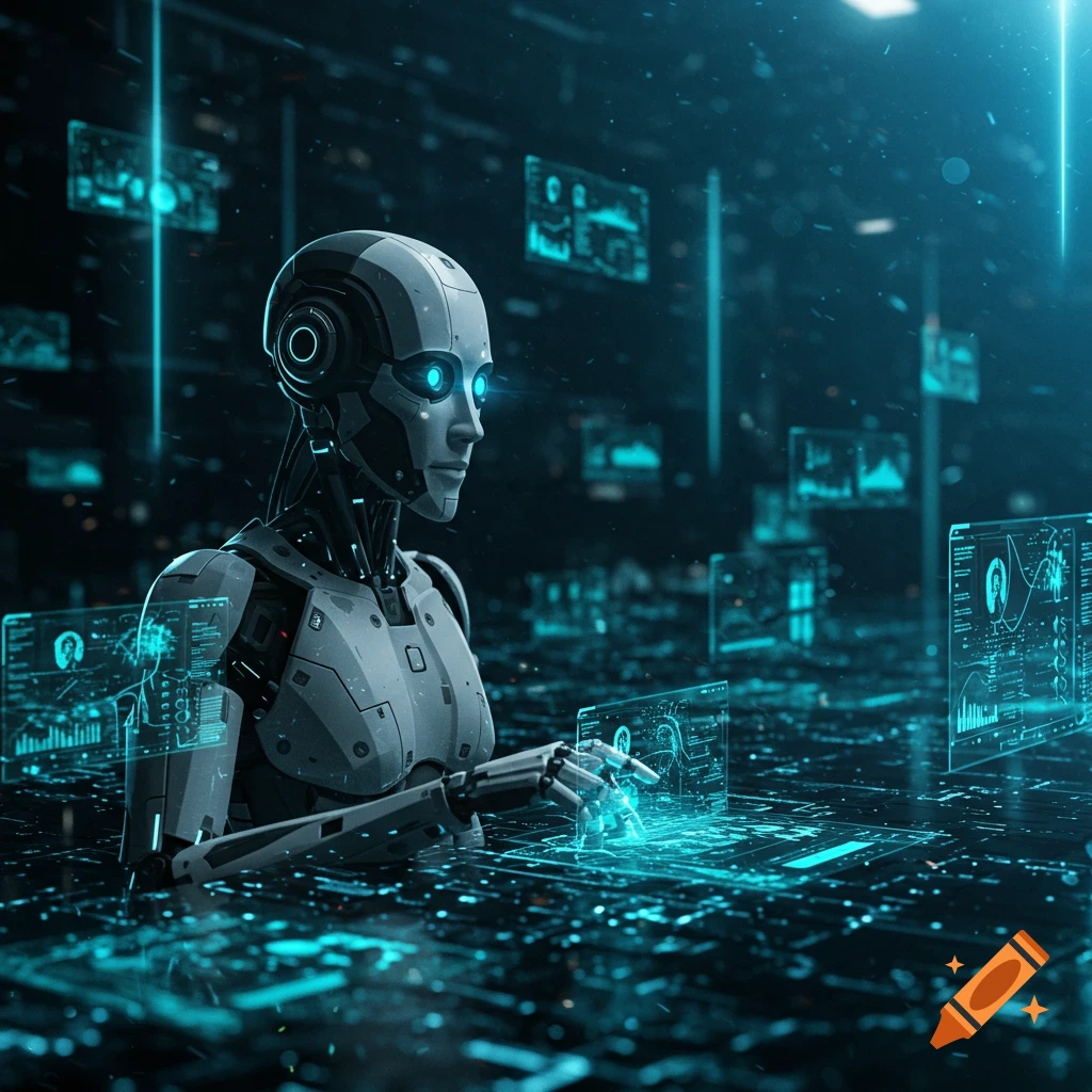 A humanoid robot with glowing blue eyes operates holographic screens displaying data in a dark, futuristic tech environment.