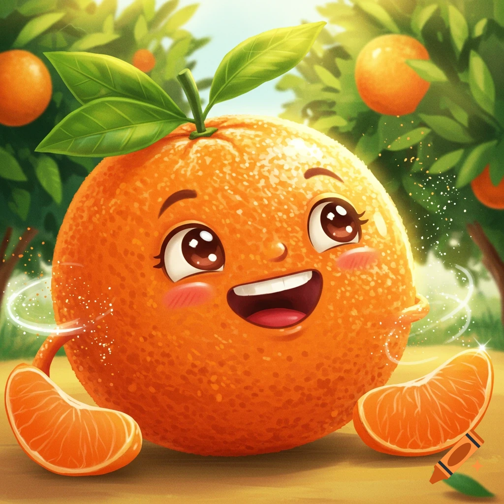 A cute, happy cartoon orange with big eyes and a wide smile, glowing, sits in an orange grove with two orange slices beside it.
