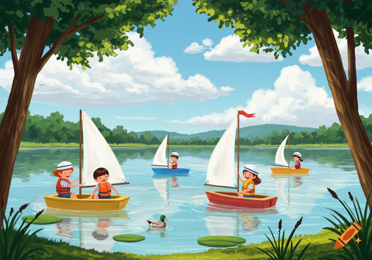 Colorful illustration of children sailing small boats on a calm lake, with trees framing the scene and a duck swimming by.