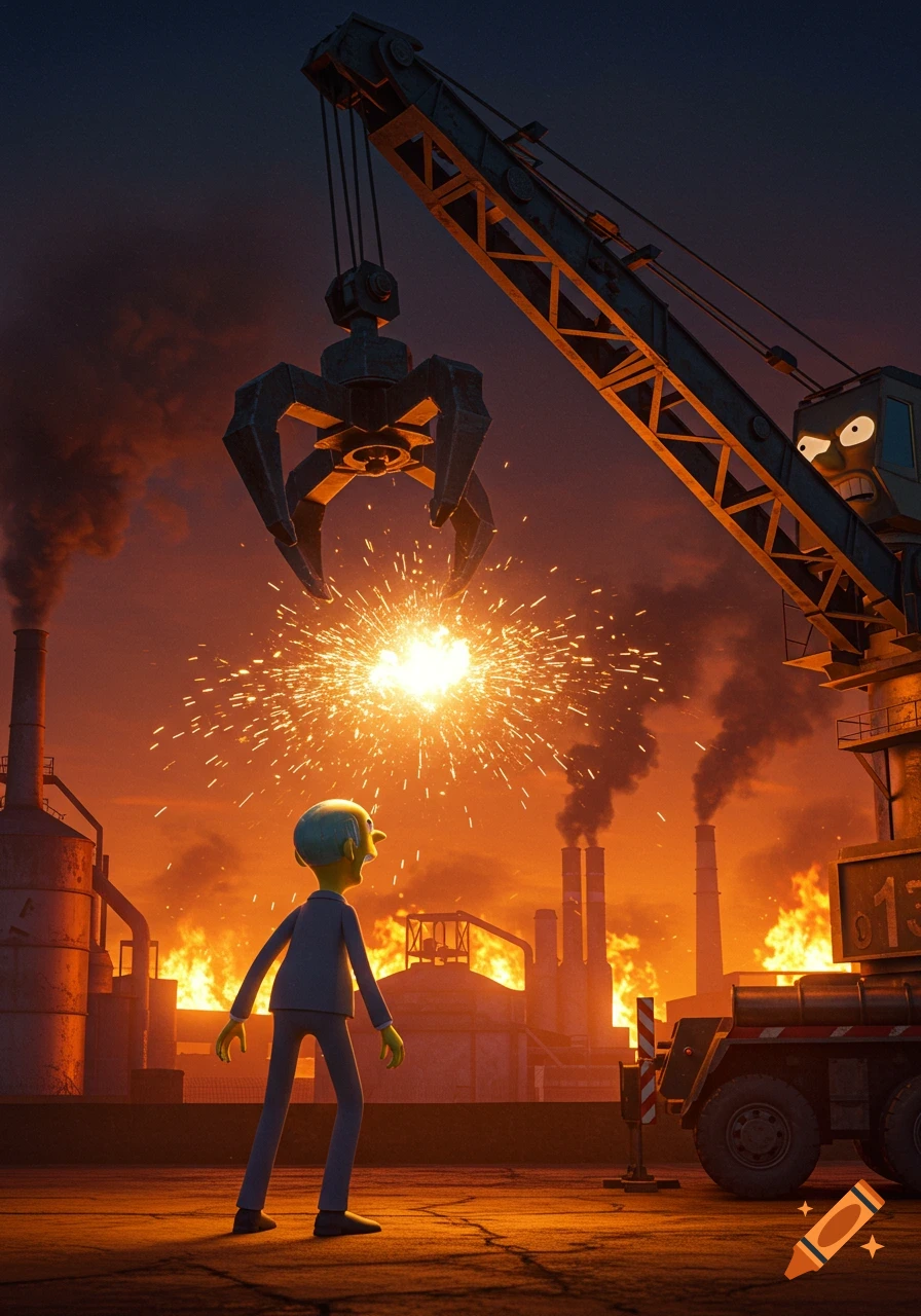 Cartoon Mr. Burns looks up at a large industrial crane emitting sparks in a fiery, smoke-filled factory setting.
