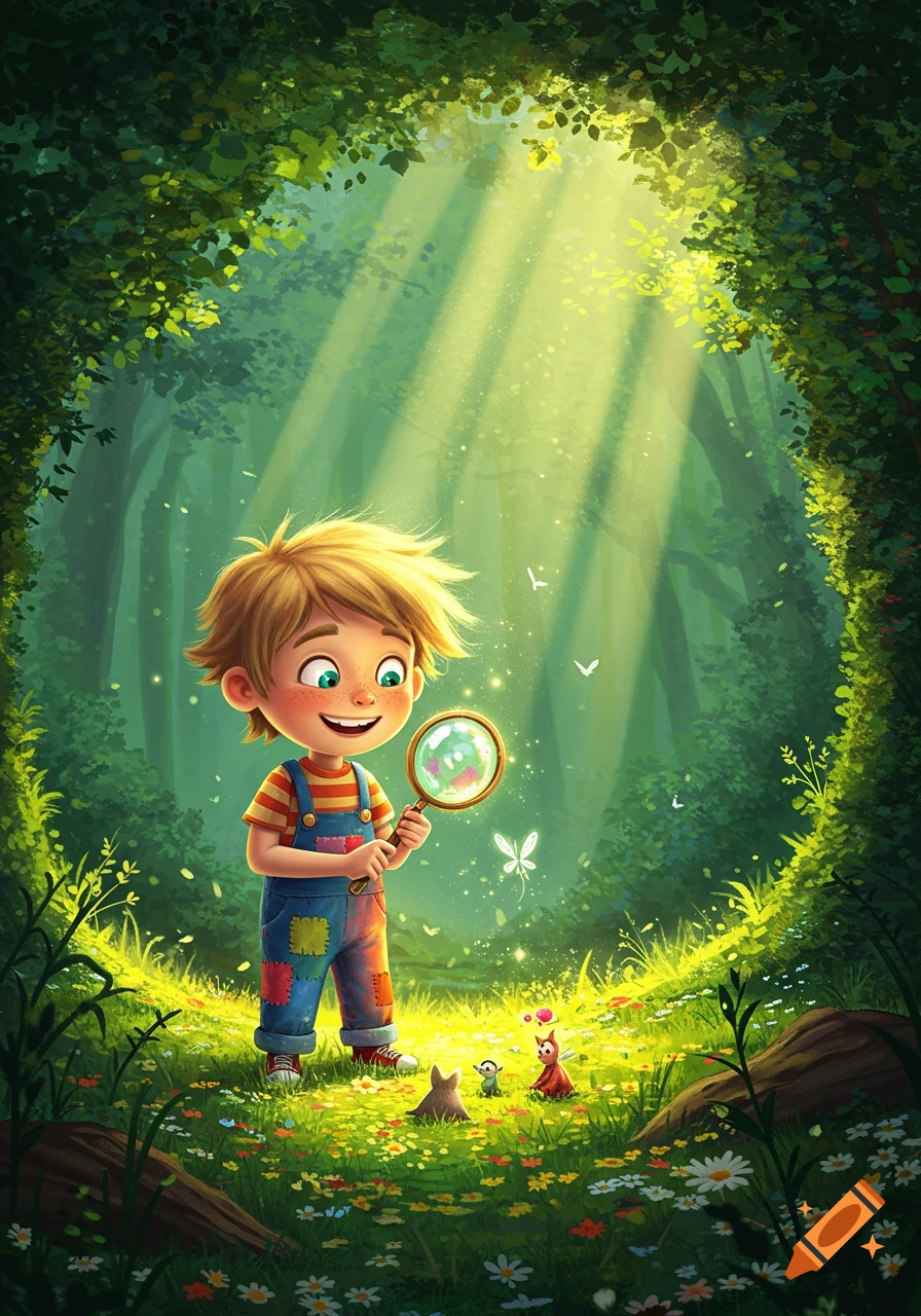 A happy cartoon boy with a magnifying glass examines tiny creatures on a sunlit, flower-filled forest floor.