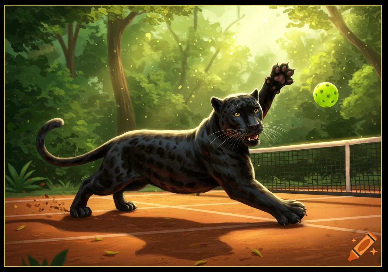 An illustrative black panther in a forest setting plays pickleball on a clay court, reaching out to hit the ball.