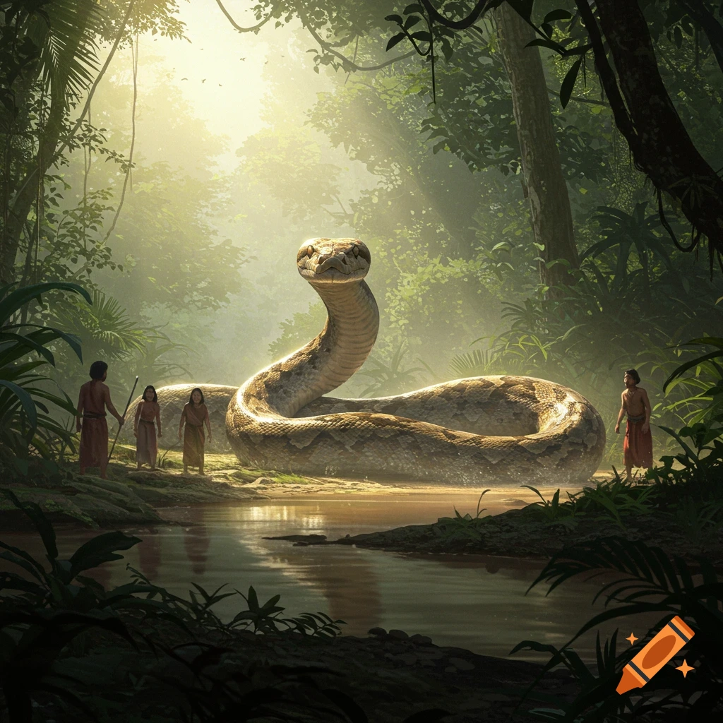 A giant python emerges from a misty jungle river, as villagers watch in fear under dramatic lighting.