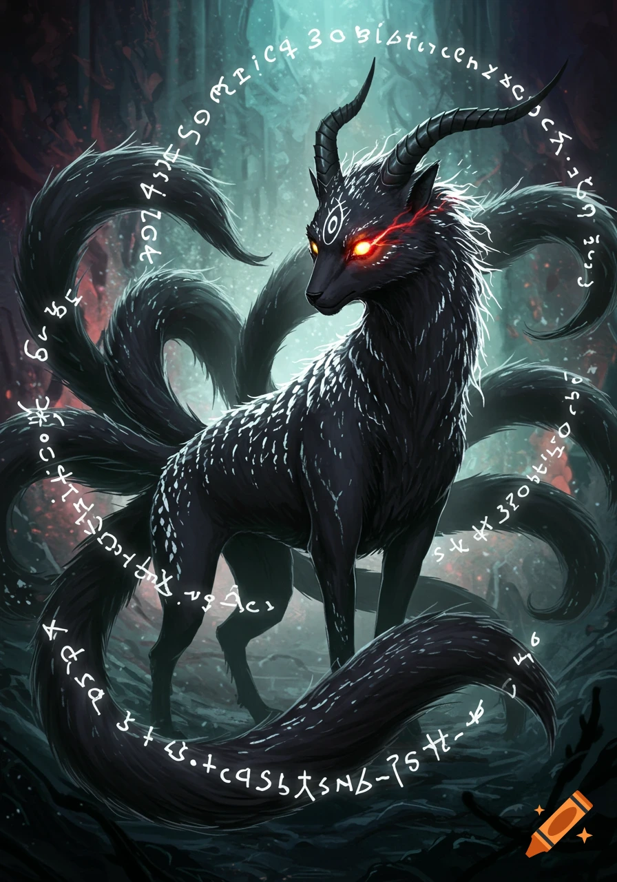 A dark, nine-tailed horned fox-like creature with glowing red eyes and white fur speckles, surrounded by ethereal chaotic symbols in a mystical forest.
