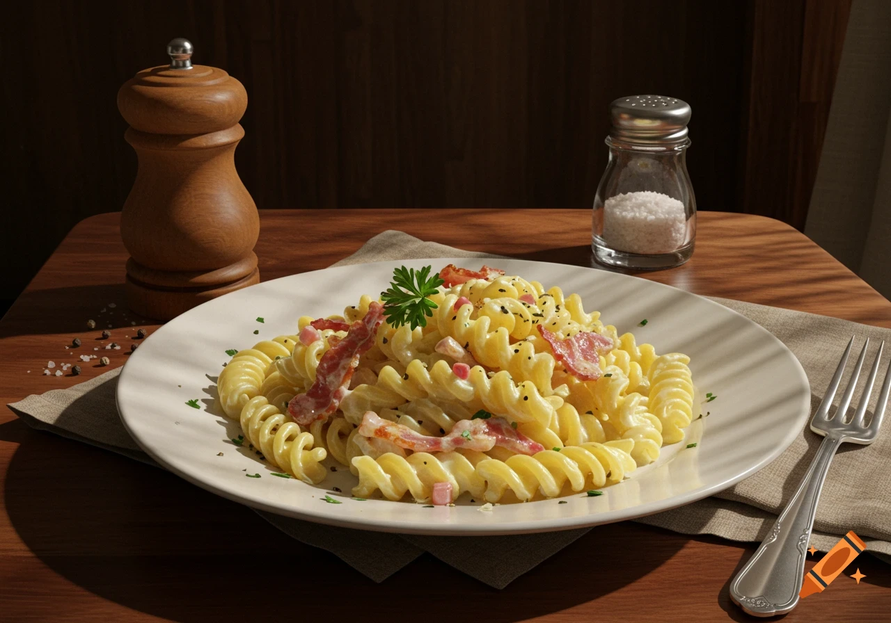 Photorealistic close-up of fusilli pasta with bacon and parsley on a white plate, served on a wooden table with a pepper mill, salt shaker, and fork.