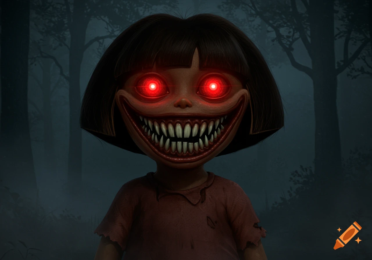 Creepy cartoon character with glowing red eyes and many sharp teeth, smiling menacingly in a dark, foggy forest.