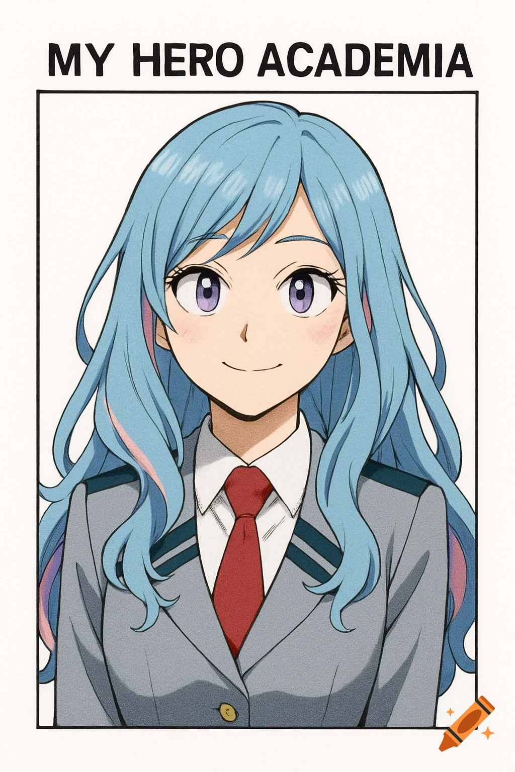 Anime girl with light blue hair and lavender eyes in a My Hero Academia school uniform, smiling in an ID photo style.