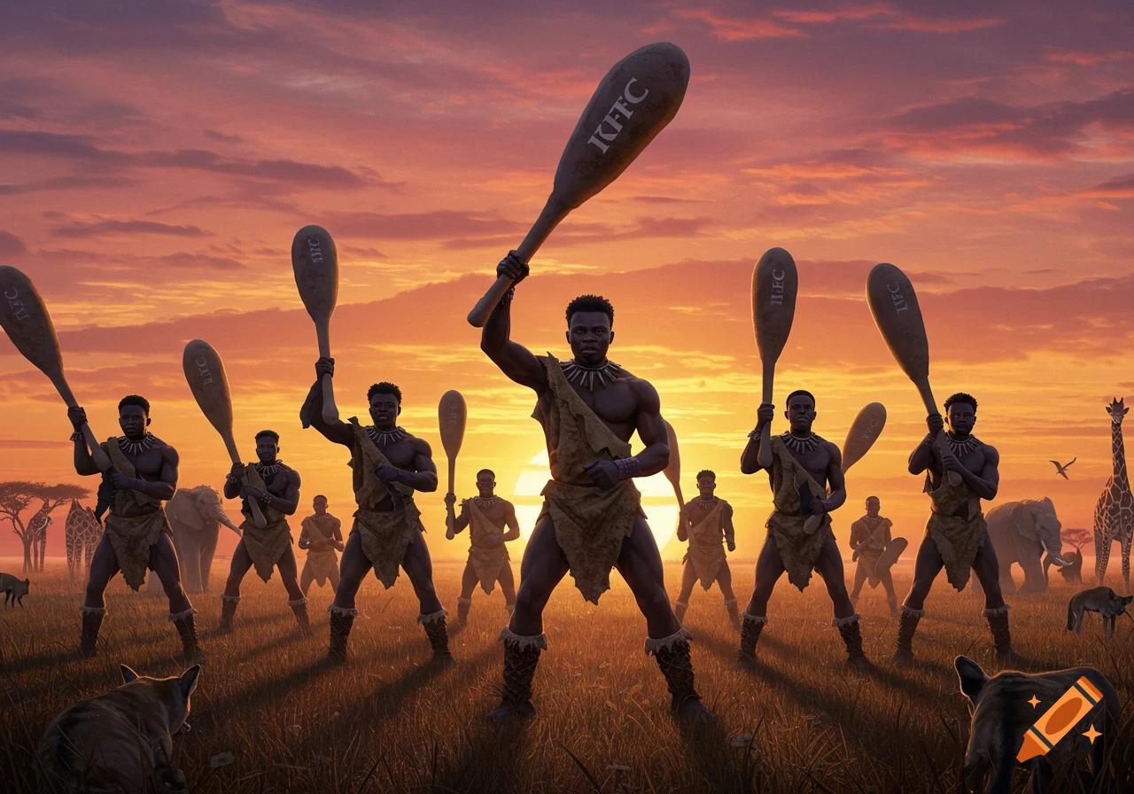 An army of muscular men in animal skins hold large clubs under a fiery orange sunset in an African savanna, with elephants and giraffes in the background.