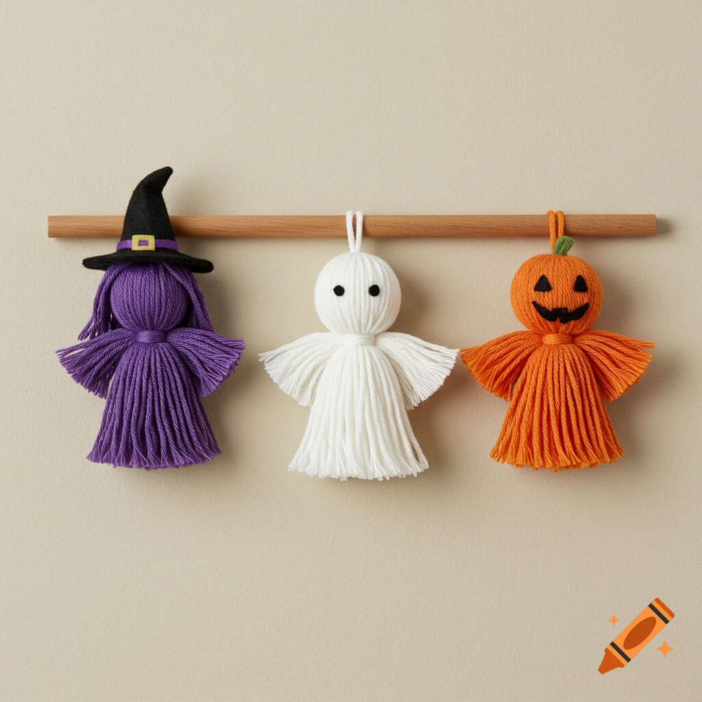 Three yarn tassel Halloween characters: a purple witch, white ghost, and orange jack-o-lantern hanging from a wooden dowel.