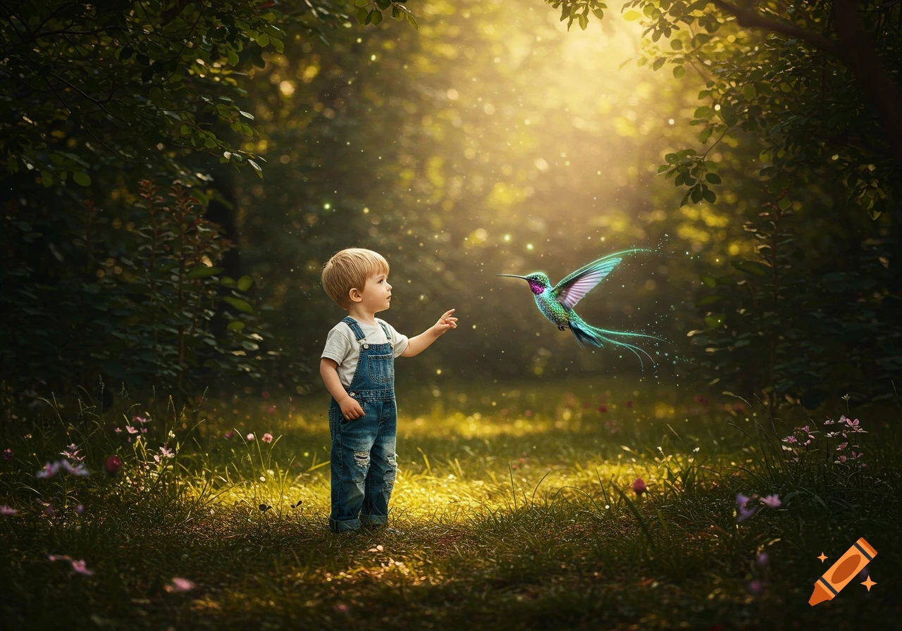 A young boy reaches out to a glowing hummingbird in a magical, sunlit forest.