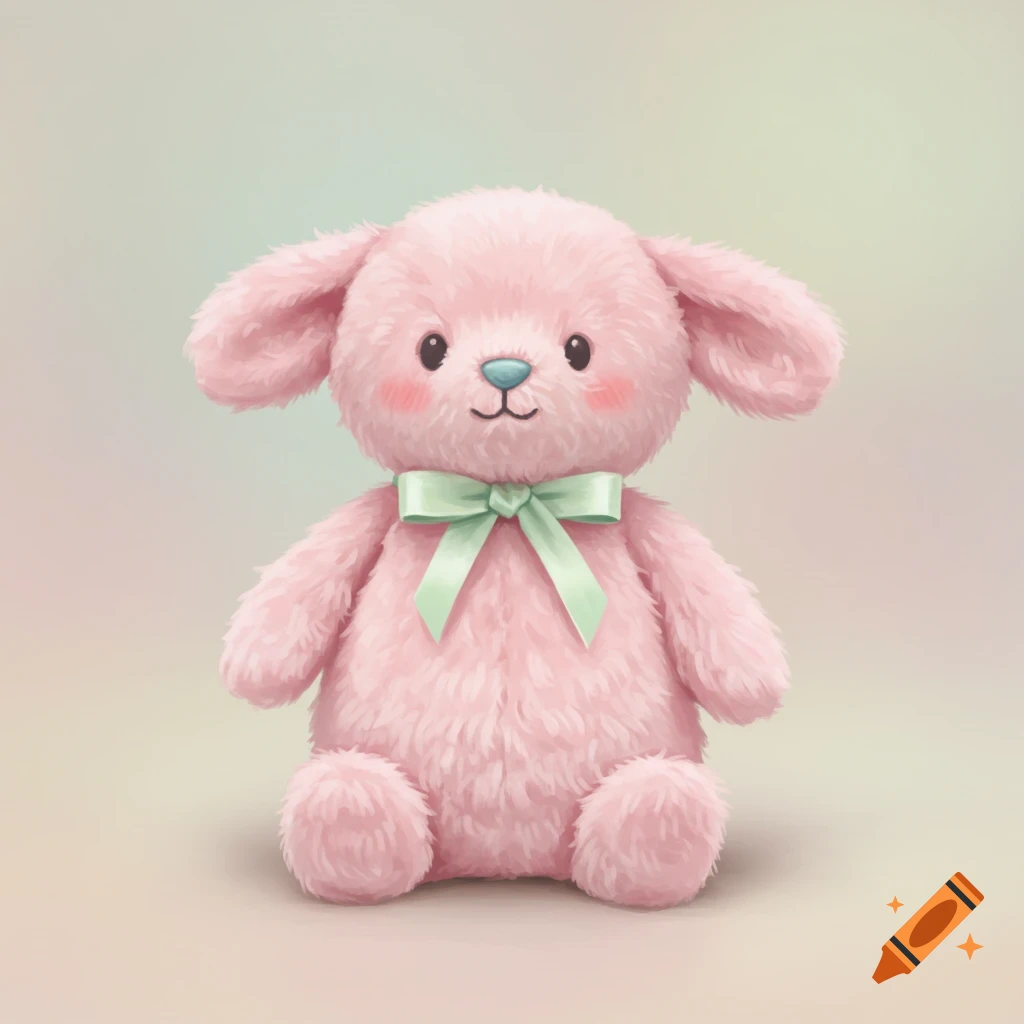 A cute fluffy pink bunny stuffed animal with a light green bow sits against a pastel background.