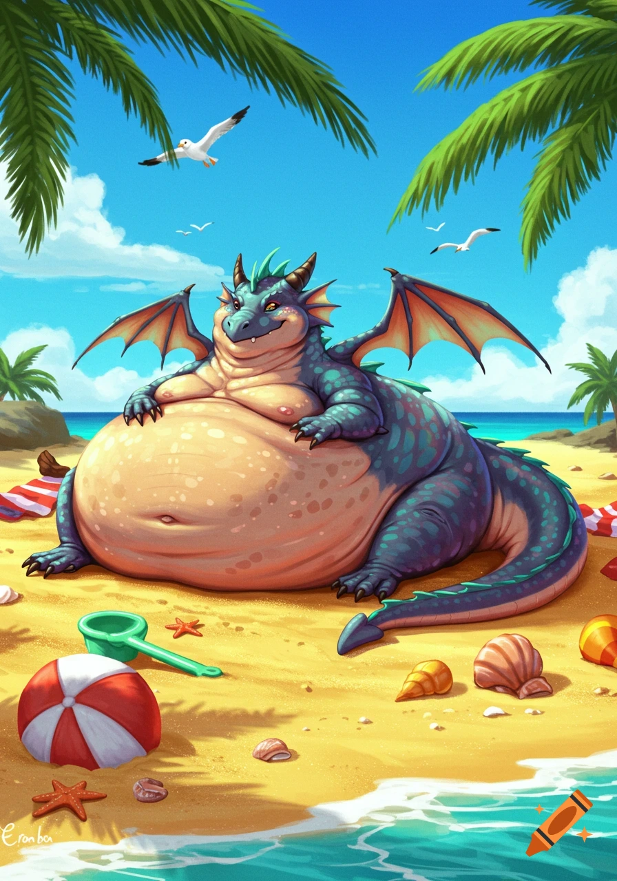 A cute, plump, blue-green dragon with small wings rests on a sunny beach with palm trees, seagulls, shells, and beach toys, in a colorful cartoon style.