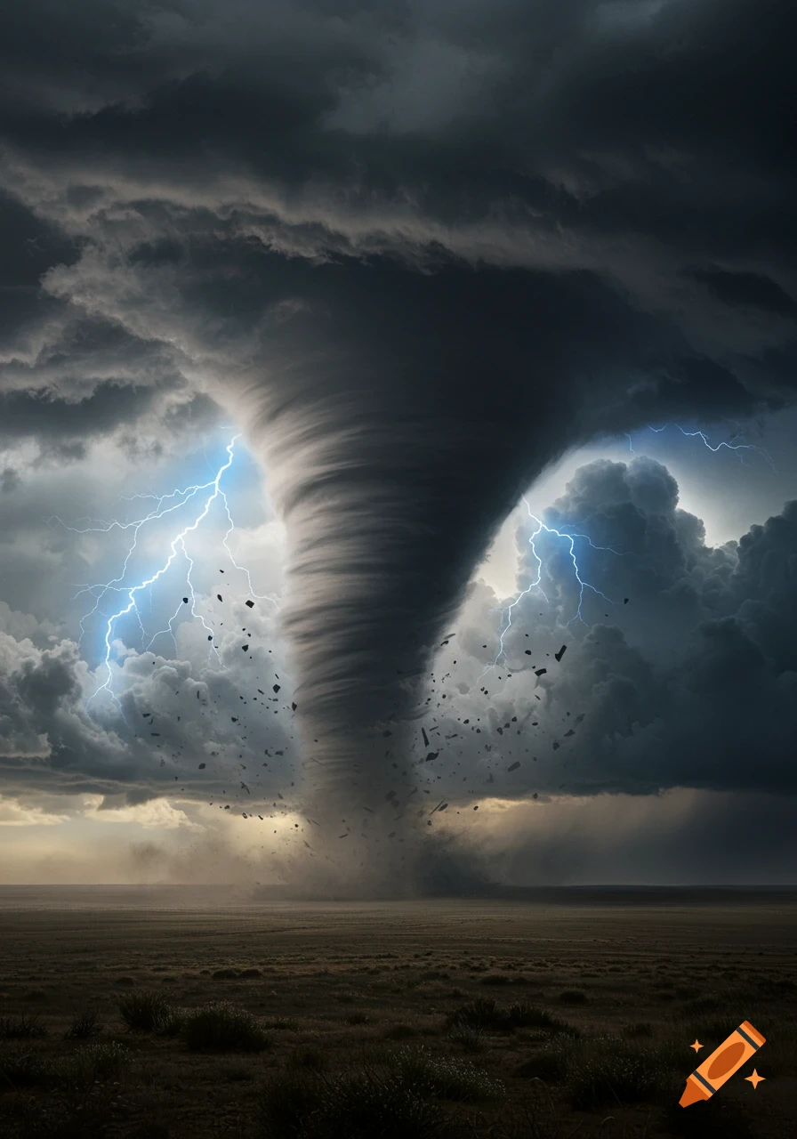 Photorealistic image of a massive, dark tornado swirling over a dry plain with lightning in a stormy sky.