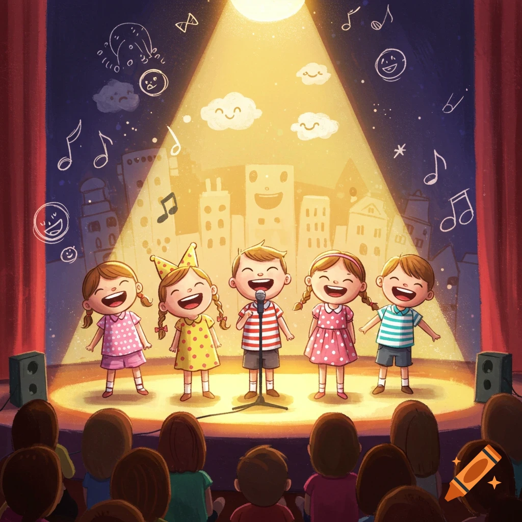 Happy cartoon children sing on a brightly lit stage with an audience, musical notes, and city doodles in the background.