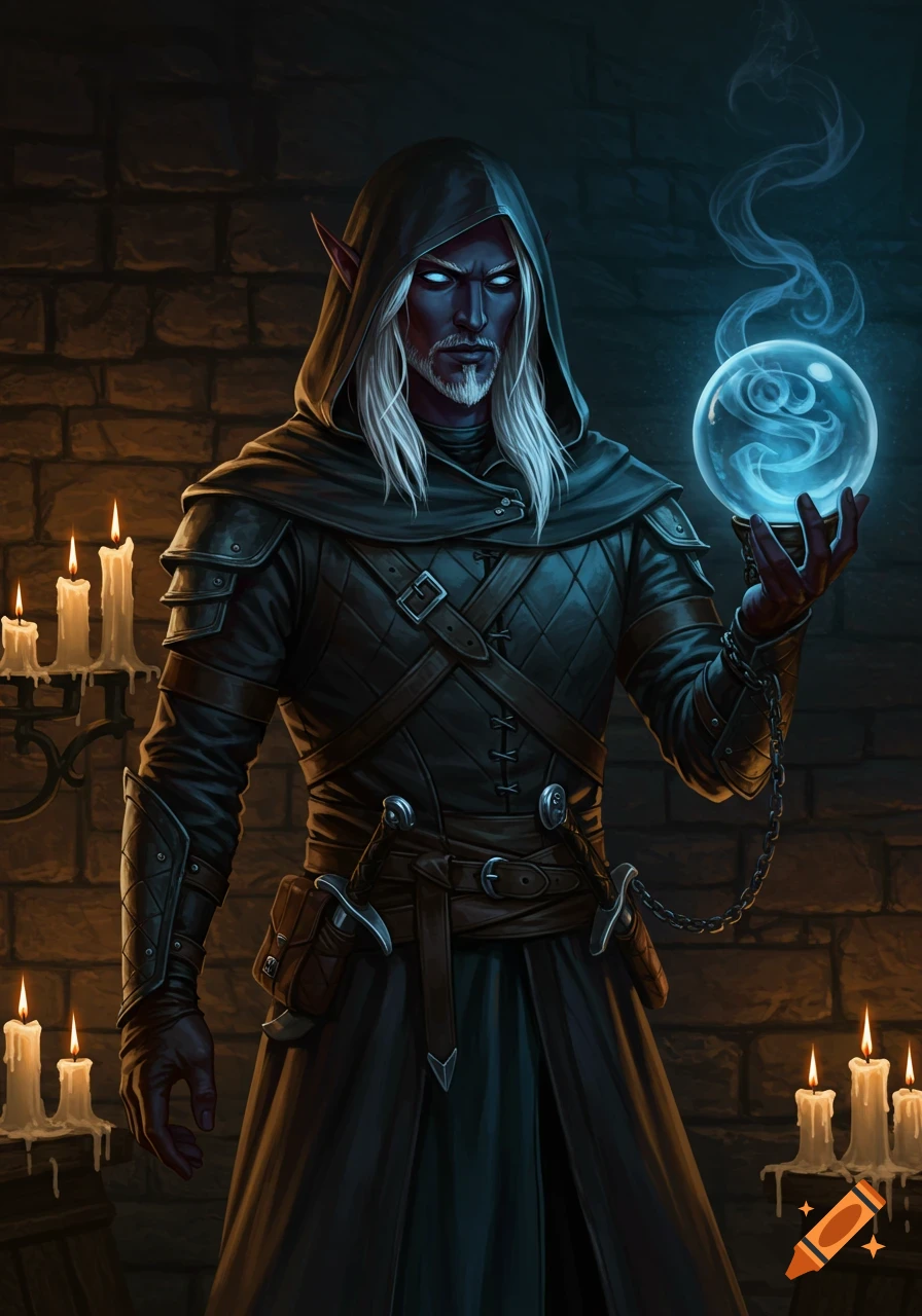A dark-skinned drow rogue with white hair and beard, in a hooded leather outfit, holds a glowing blue orb in a candlelit dungeon.
