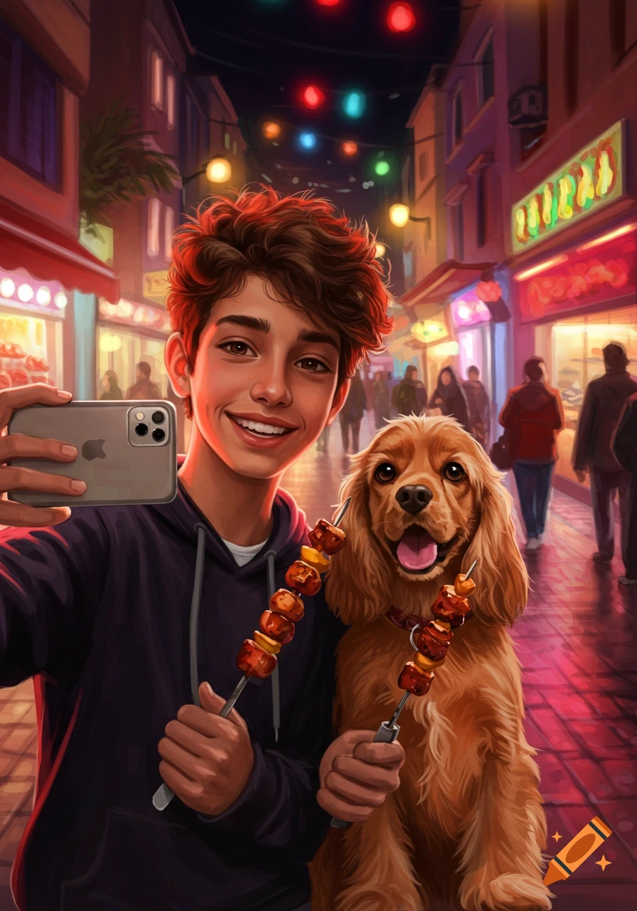 A smiling teenager takes a selfie with a happy Cocker Spaniel in a vibrant night market, both holding kebab skewers.