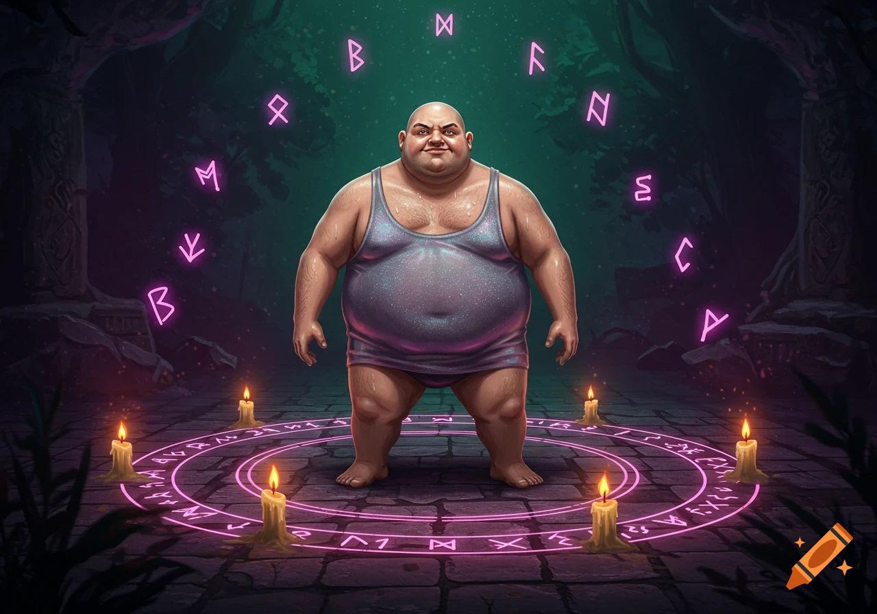An illustration of an overweight, bald man in a tank top standing in a glowing pink magic circle surrounded by candles and floating runes.