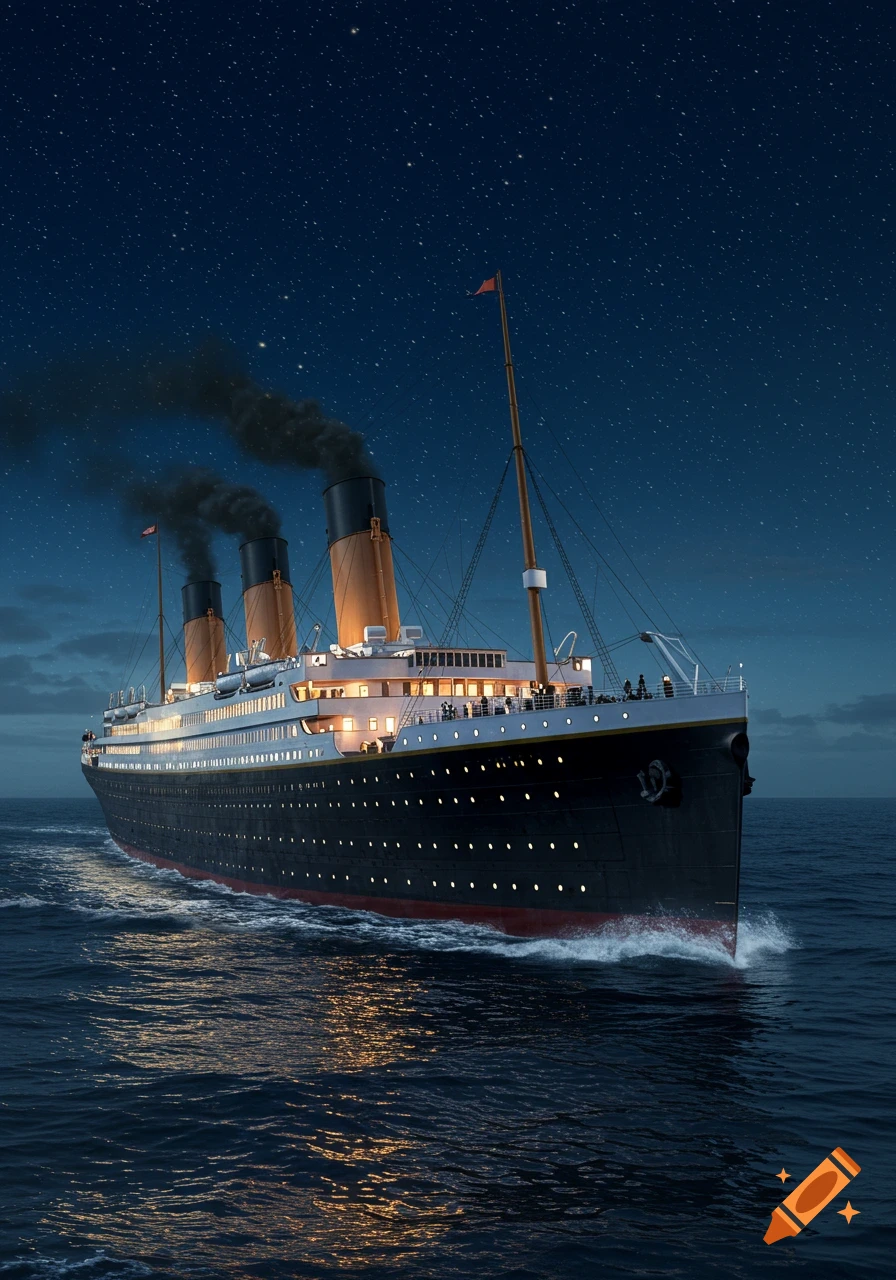 A photorealistic depiction of the RMS Titanic sailing at night under a starry sky, with its windows illuminated.