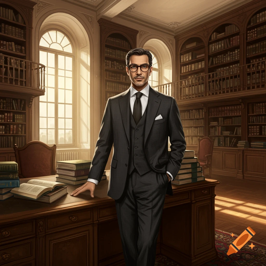 A man in a dark suit and glasses stands in a grand library with tall bookshelves and a large wooden desk.