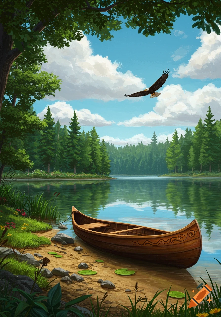 Illustrated serene lake scene with a wooden canoe on the shore, a pine forest, and an eagle soaring in a bright blue sky.