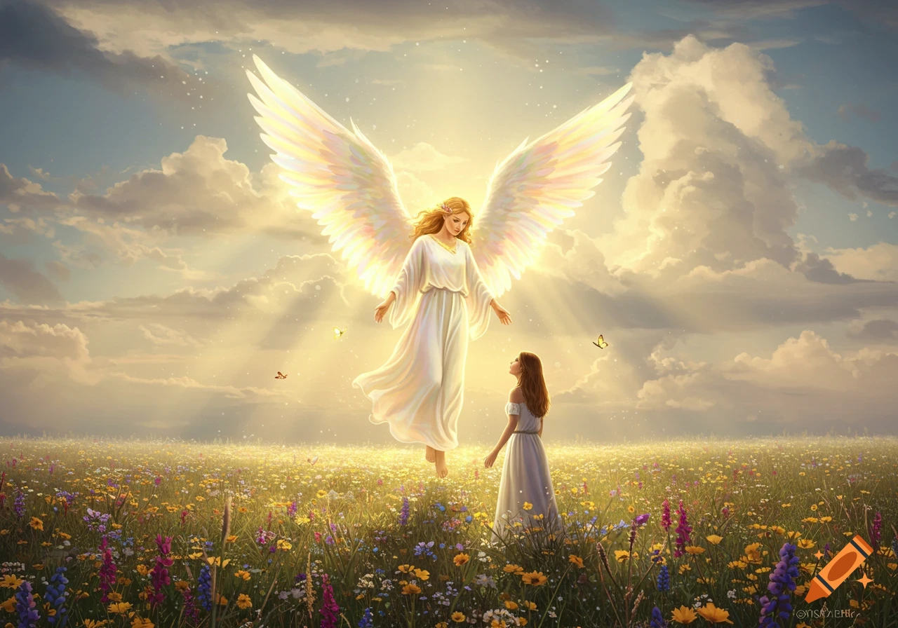 A glowing angel with large wings descends towards a woman looking up in a sunlit field of wildflowers, realistic illustration.