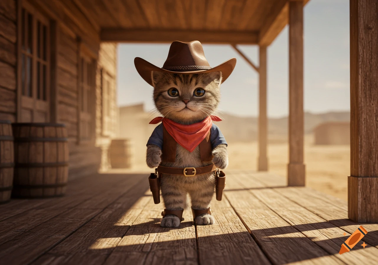 A cute, fluffy kitten dressed as a cowboy, wearing a hat, red bandana, vest, and boots, stands on a wooden porch in a dusty Western town.