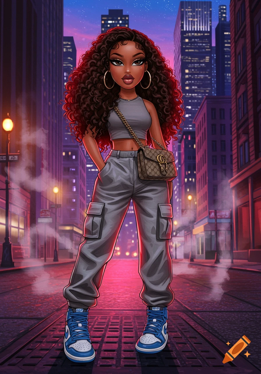 Stylized woman with curly hair, crop top, cargo pants, Jordans, and a Gucci purse on a vibrant city street.