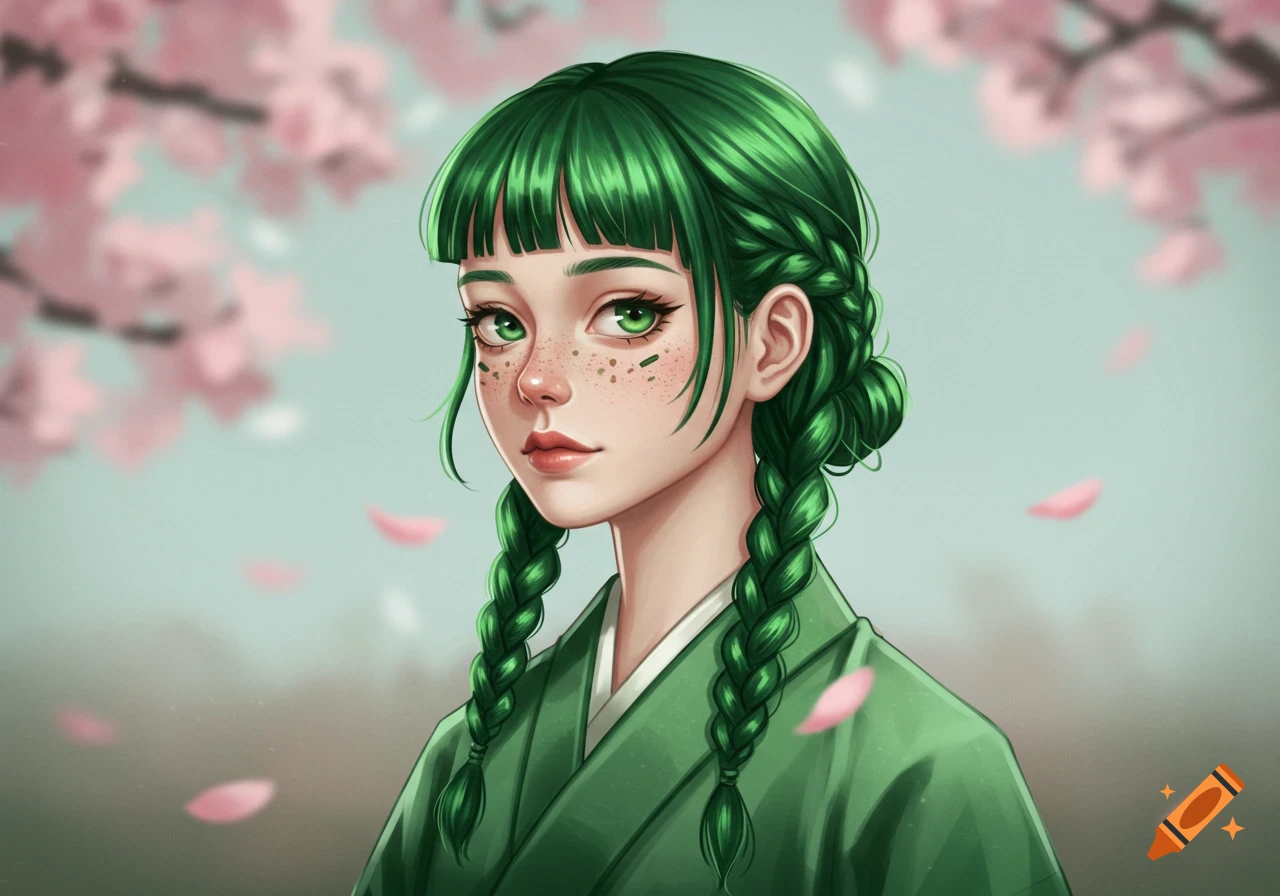 An anime-style portrait of a young woman with vibrant green hair, bangs, and braids, wearing a green kimono, against a backdrop of blurry pink cherry blossoms.