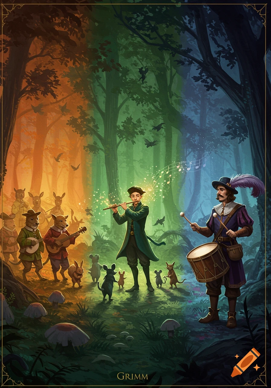 A fantasy illustration of a piper leading anthropomorphic animal musicians and a drummer through a vibrant, colorful forest.