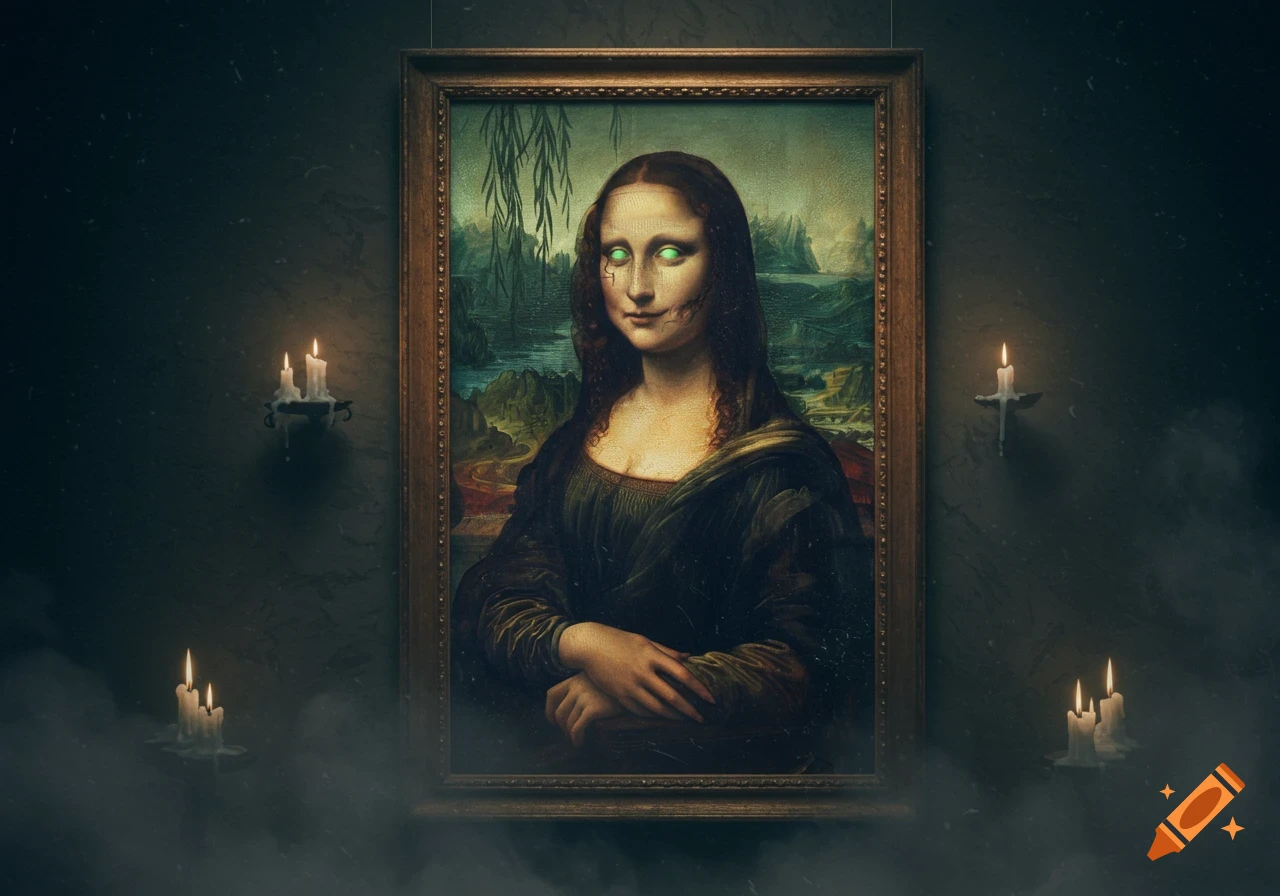 A creepy Mona Lisa painting with glowing green eyes and a distorted face, hanging in a dark, candlelit, smoky room.