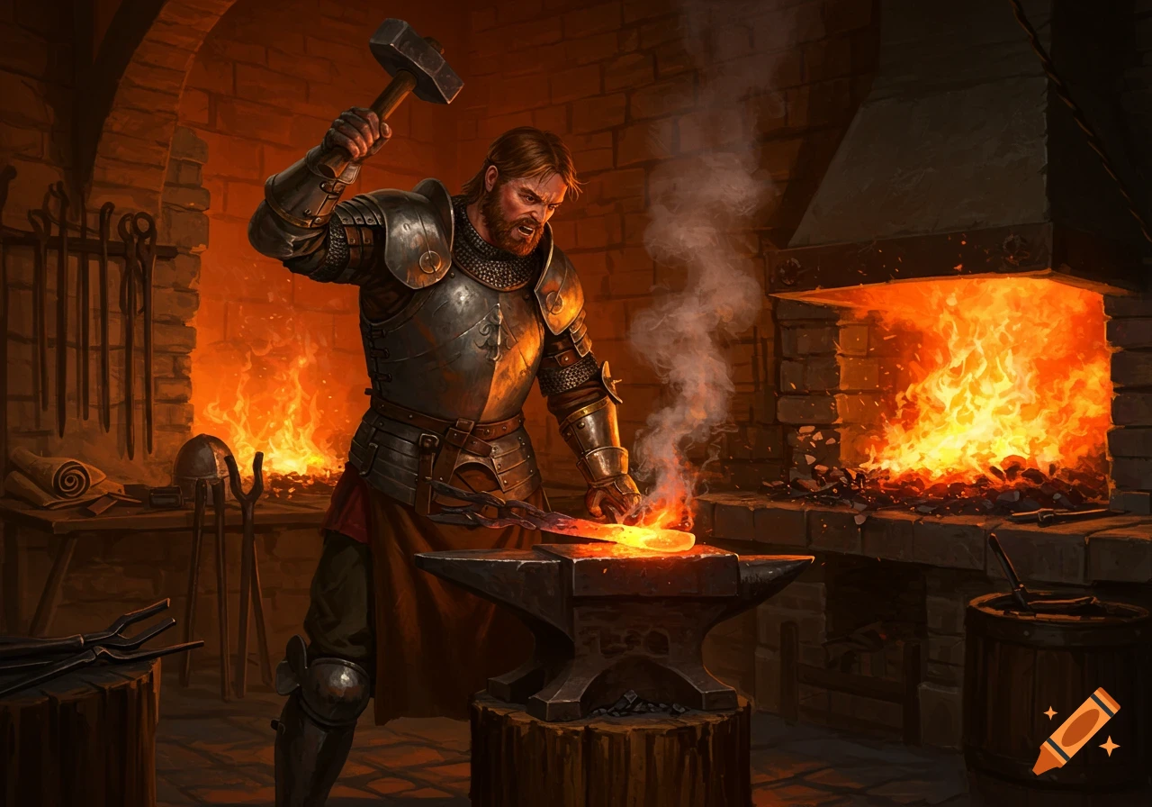 A muscular man in medieval armor intently hammers glowing metal on an anvil in a fiery forge, smoke rising.