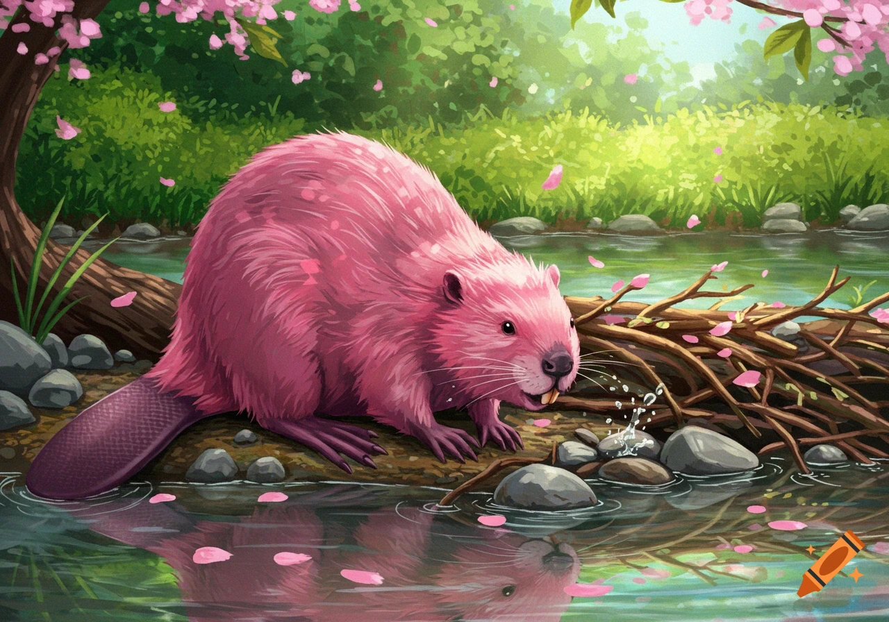 Illustrated pink beaver stands in a shallow stream with a dam, surrounded by green foliage and falling pink cherry blossoms, its reflection in the water.