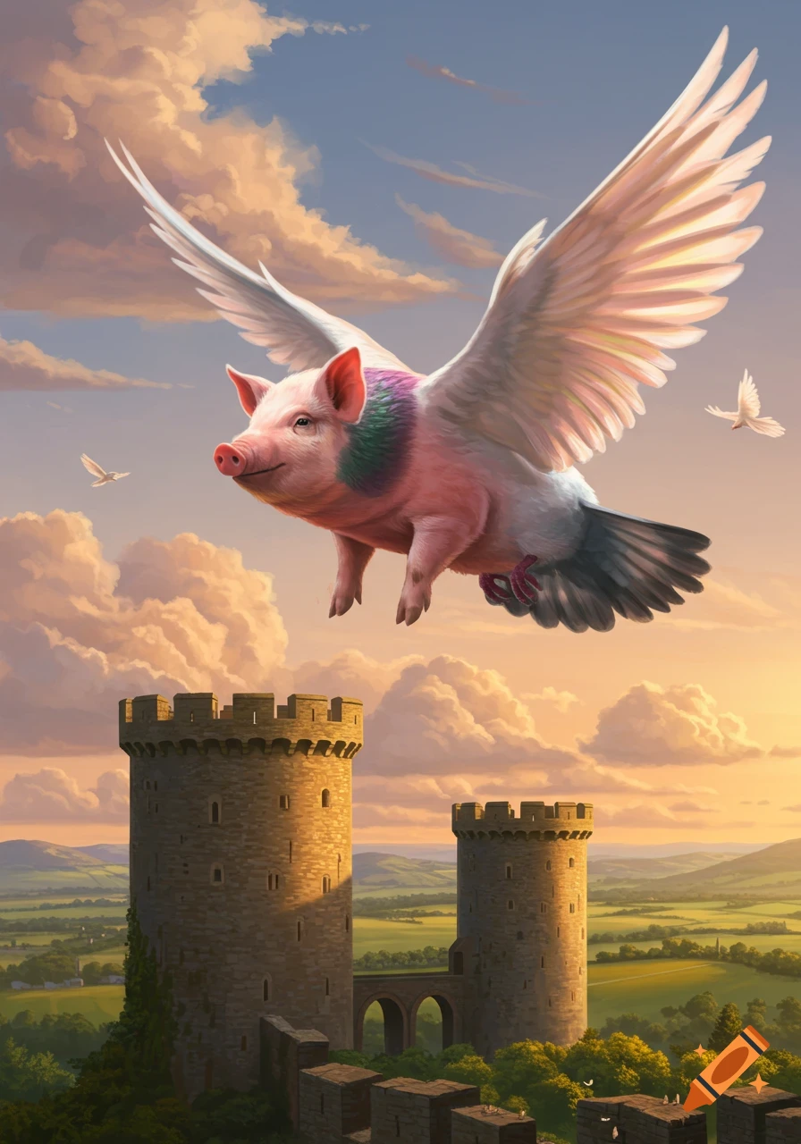 A whimsical pink pig with white pigeon wings flies over two stone castle towers at sunset, with rolling green hills.
