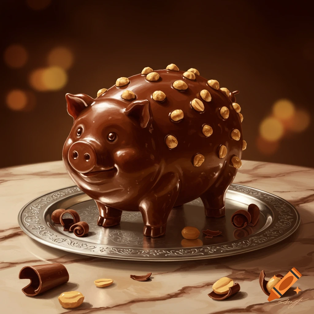 A smiling chocolate pig covered in peanuts sits on an ornate silver platter, with scattered chocolate curls and peanuts on a marble table.