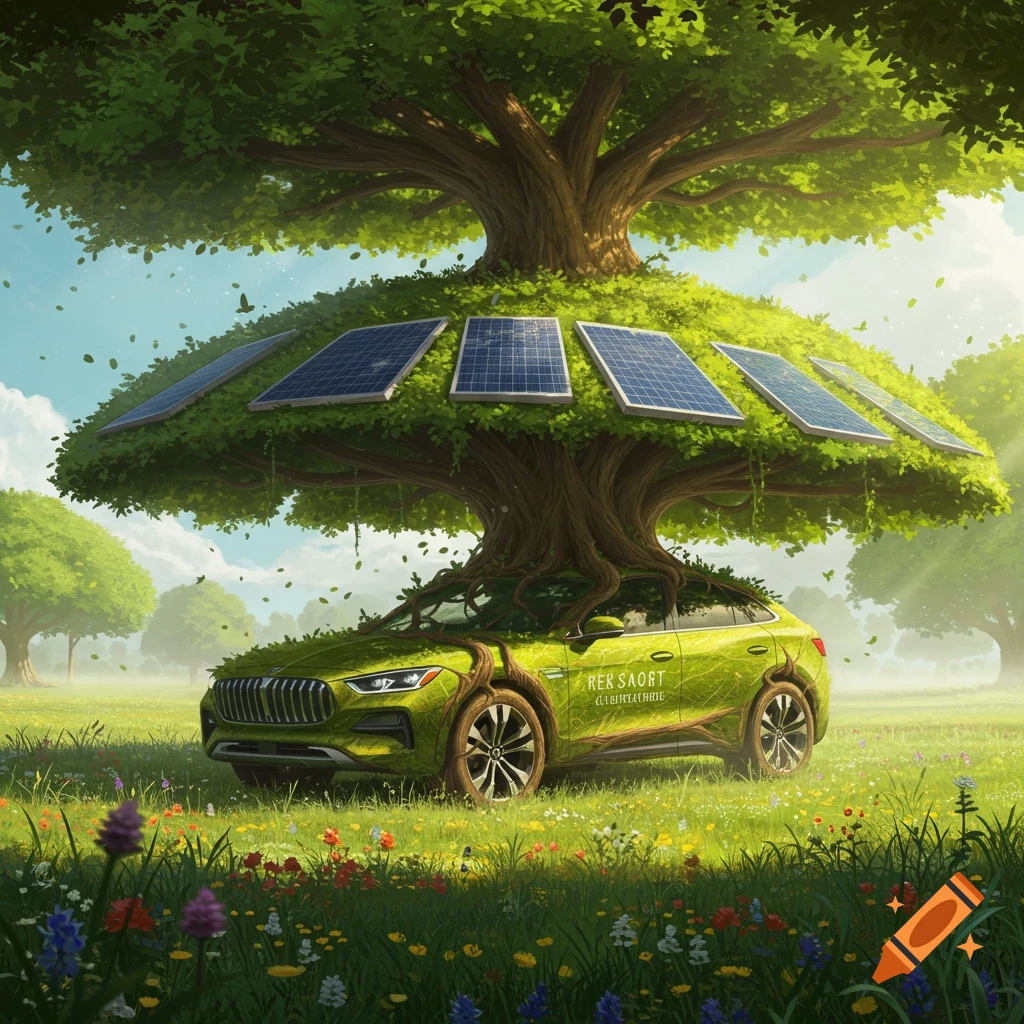 A green car with tree roots and leaves, topped with solar panels, parked in a sunny meadow with wildflowers.