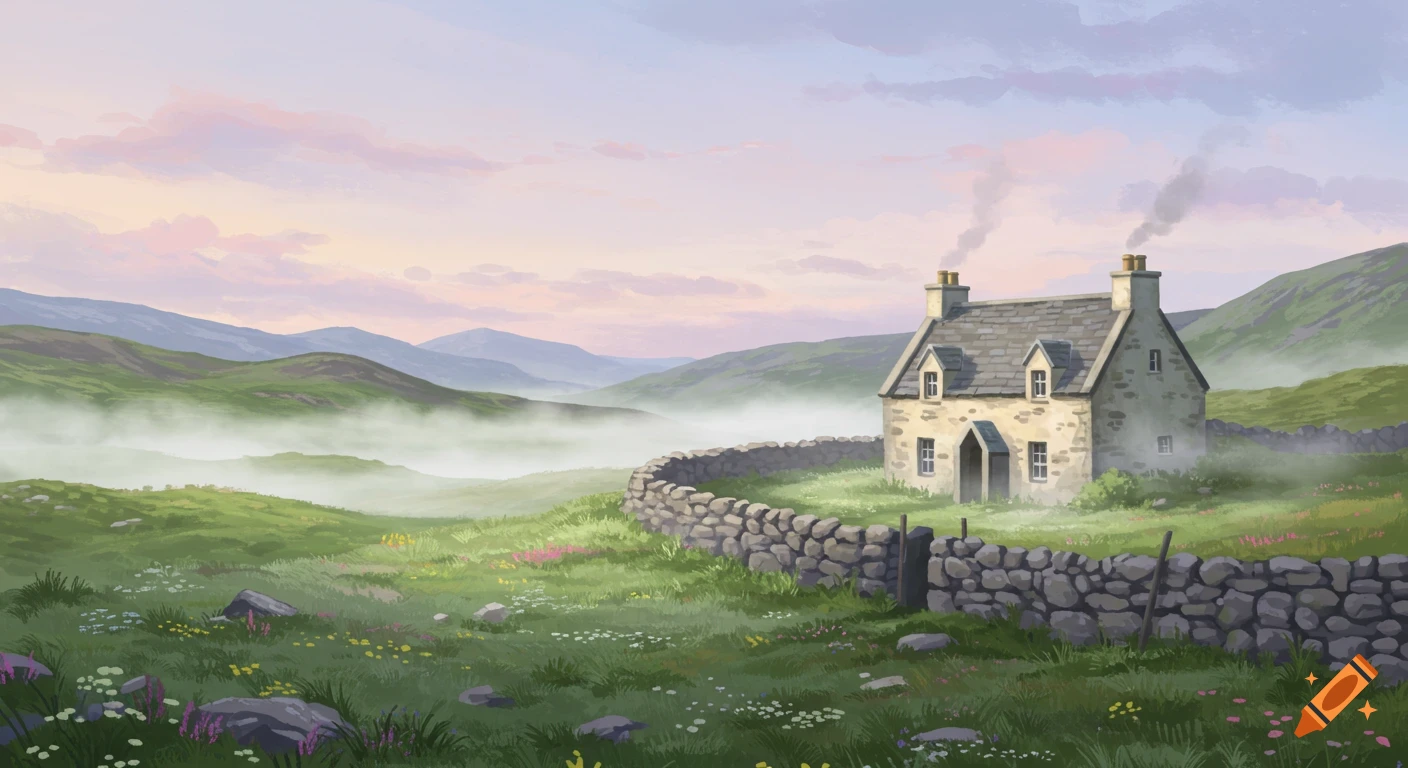 Illustrative painting of a quaint stone cottage with smoking chimneys, nestled in misty green Scottish hills with a curving stone wall and wildflowers.
